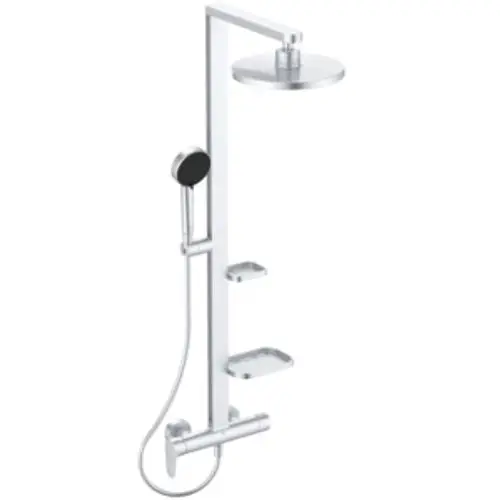 Duschsystem von Ideal Standard mit einer Kopfbrause und Handbrause. Zwei Ablagen zur Aufbewahrung befinden sich an der vertikalen Stange. Schlichtes, funktionales Design.